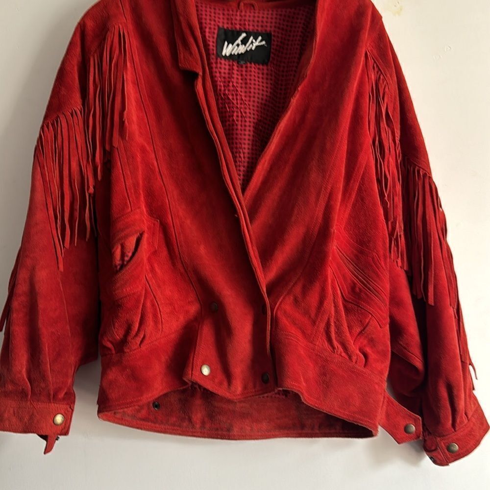 Vintage Winlit Western 100% Genuine Leather Suede Red Fringe Jacket L - Picture 3 of 12